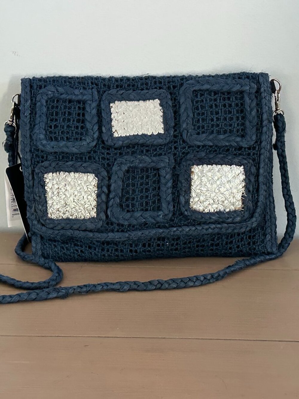 NWT Jute Square Crossbody Bag in Navy Blue & Silver Handbag